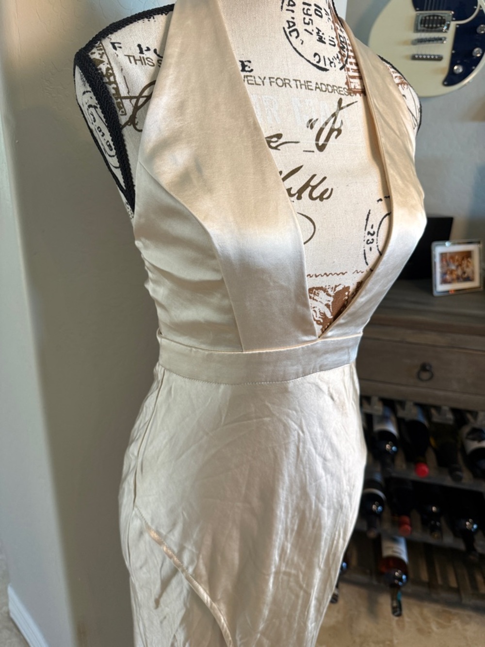 Plunging Satin Halter V-Neck with thigh high Slit Evening Gown in Champagne NWT - Picture 3 of 9